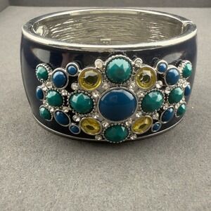 Banana Republic Navy Blue Enamel Silver Tone Cuff Bracelet Statement Jewelry Vin